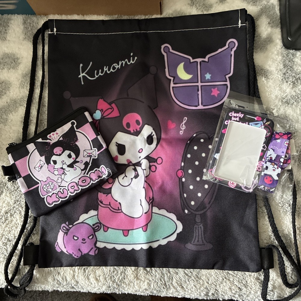 Hello Kitty Backpack KUROMI Black String With Purse, Card Holder And Lanyard