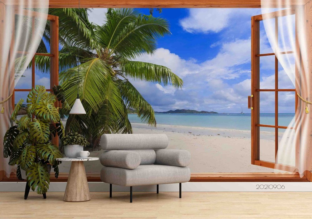 3D Sky Beach Coconut Tree Window Wall Murals Wallpaper Murals Wall Sticker