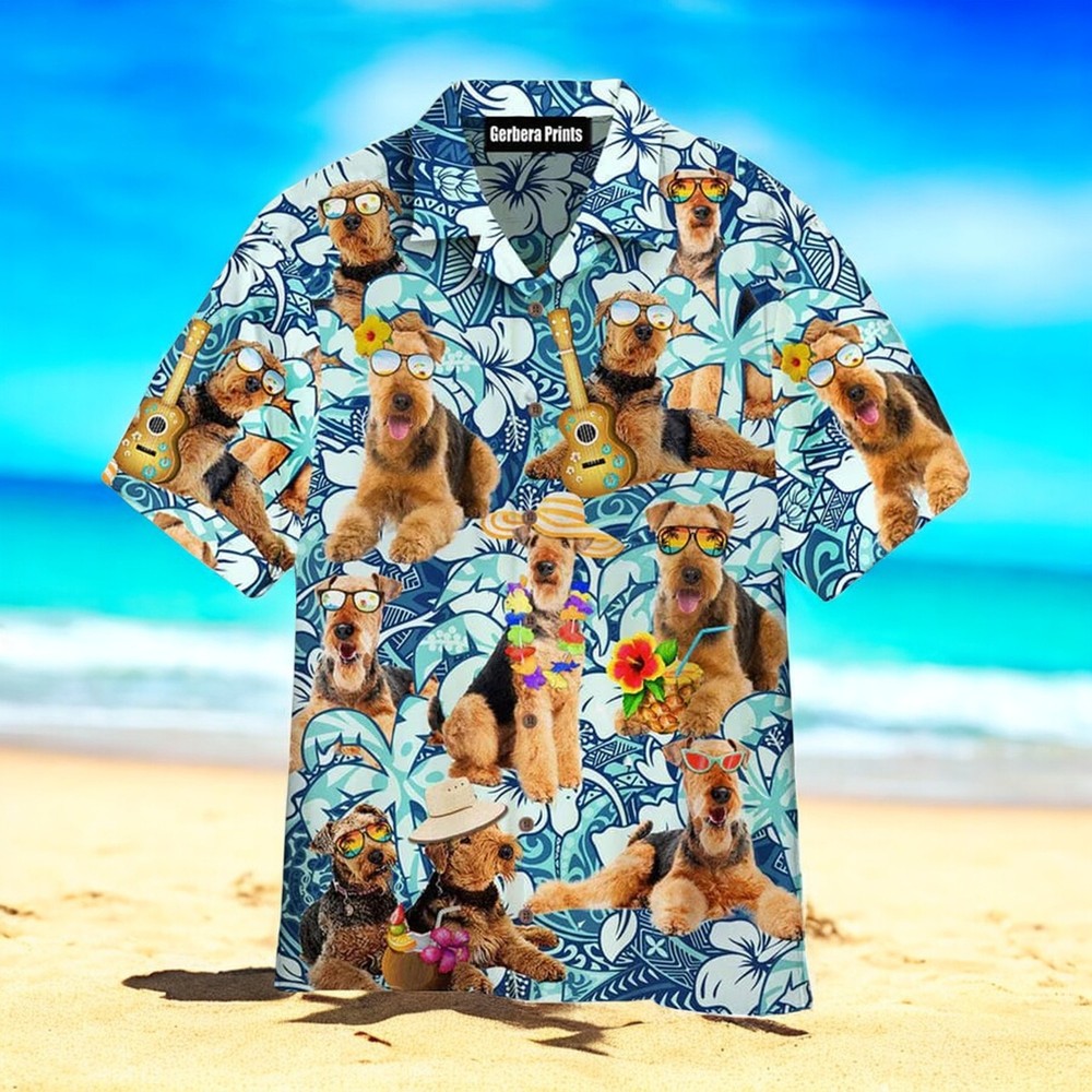 Airedale Terrier Dogs Love Beach Floral Pattern Blue Hawaiian Shir