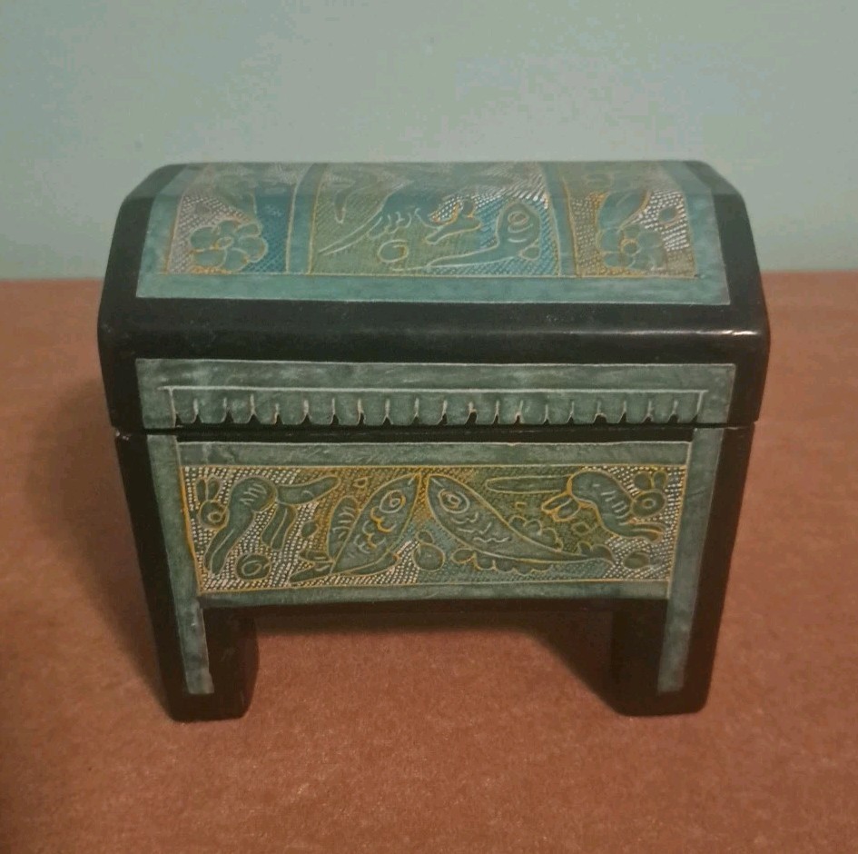 Engraved Turquoise Jewelry Chest Wood Trinket Box