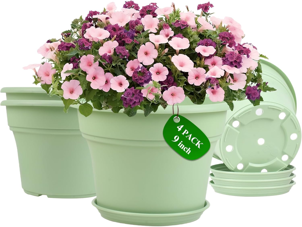 9 Inch Plastic-Flower Pot-For-Indoor Plants, 4 Pack Large Outdoor Planter Pot wi