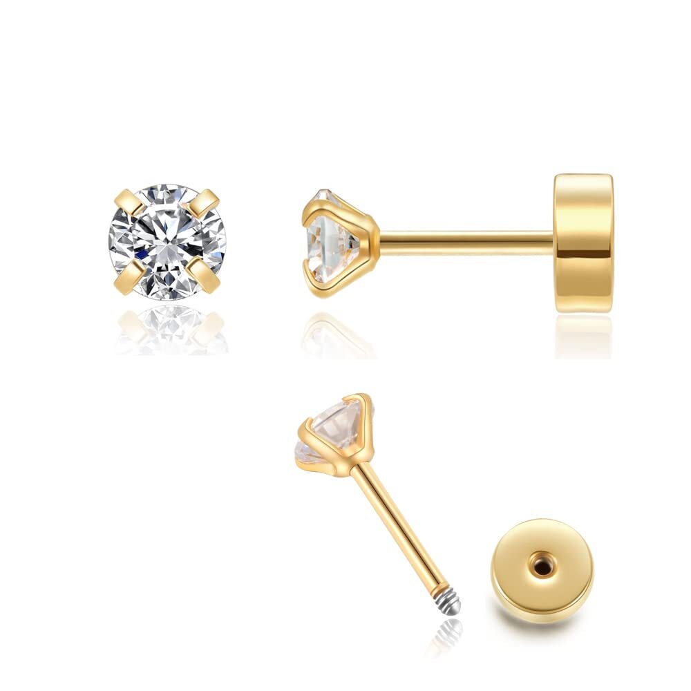 2mm CZ Flat Screw Back Stud Earrings in 14K Gold, Small Cubic Zirconia Earrings