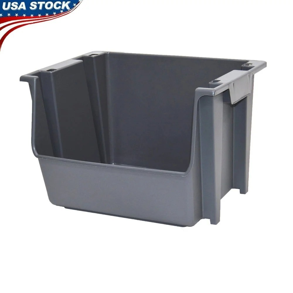 Large Gray Plastic Stackable Storage Bins for Household Items and Toys