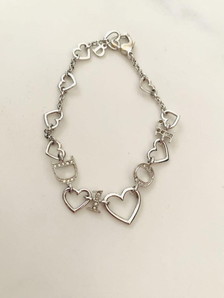 Christian Dior Bracelet Silver Heart Logo Charm Chain Length 8.1 inch No Box
