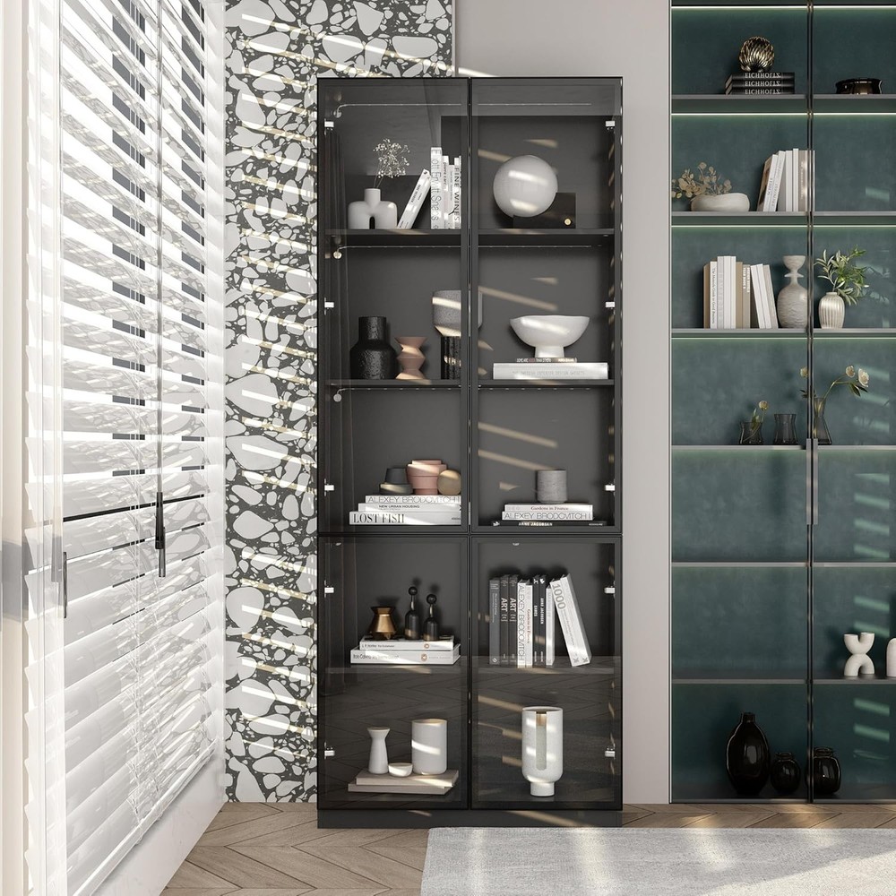 Framed Modern Storage Cabinet with 3 Colored Lights, 2 Glass Locking Door