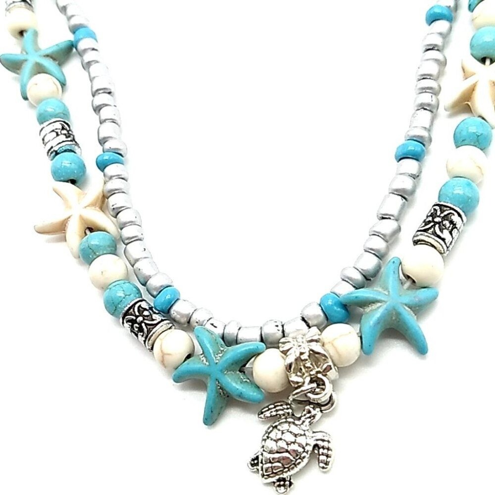 Double Strand Starfish Turtle Charm Anklet Turquoise White Beaded NWOT-image