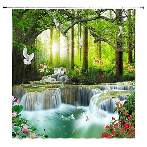 Nature Scenic Forest Waterfall Shower Curtain 70x70 Inches Green Pack of 1