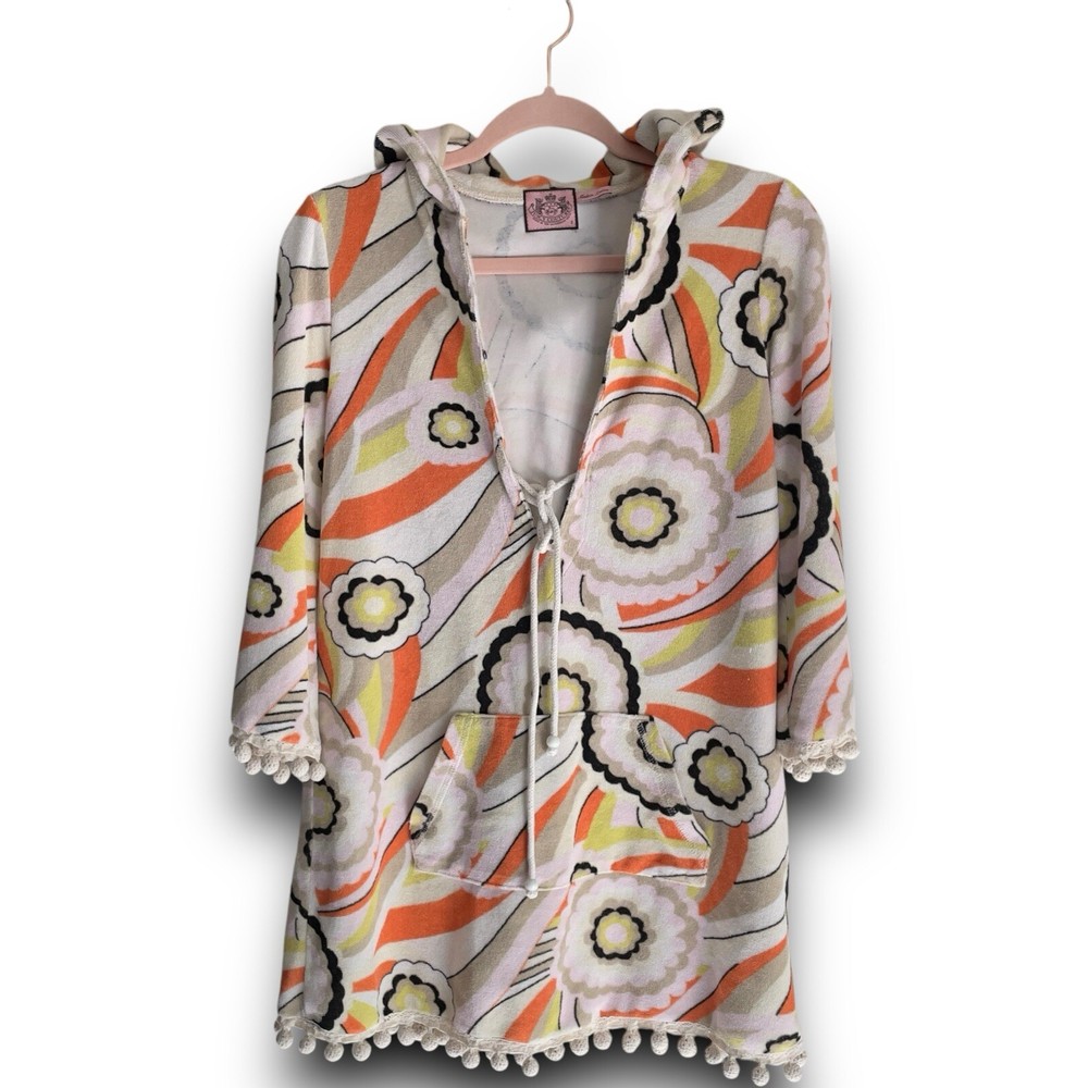 VTG Juicy Couture Y2K Floral Print Terry Cloth Dress Cover Up Hippie Pompom Trim
