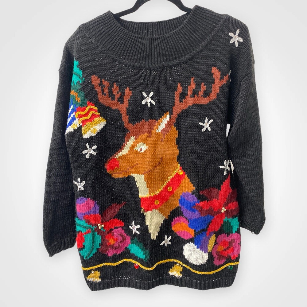 Vintage Rudolph Christmas Sweater - Black Holiday Knit Sweater- Medium