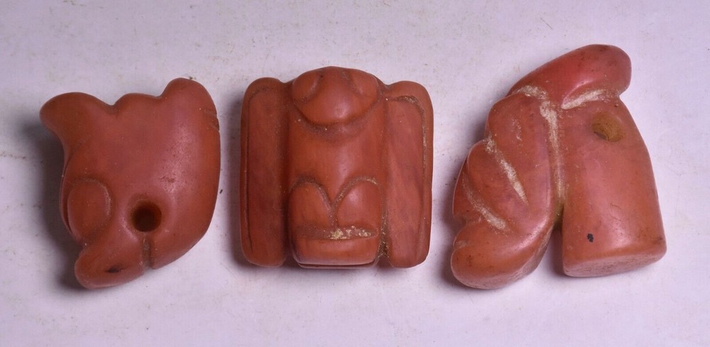 5CM Hongshan Culture Red Crystal Bird Beast Head Three Item Set Amulet Pendant