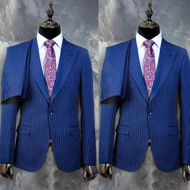 Blue Striped Men's Peak Lapel Suit Wedding Groom Tuxedo 2-Piece Set