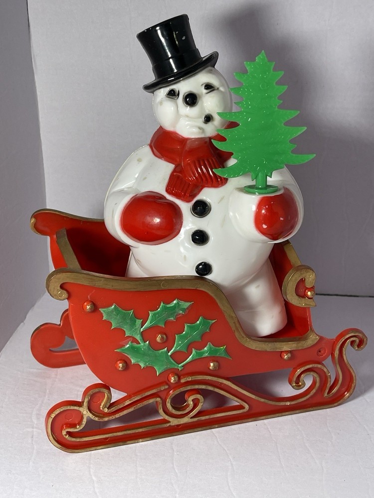 Vintage Royalite Light Up Tabletop Jolly Snowman Hard Plastic with Tree Sleigh