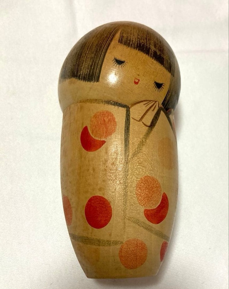 Wooden Kokeshi Doll Red Polka Dot Kimono Traditional Japanese Design