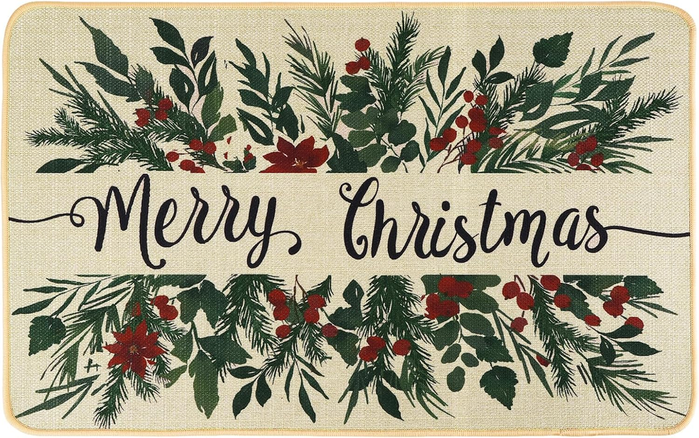 Merry Christmas Door Mat,Holly Leaves Christmas Doormat Non Slip Rubber Absorben