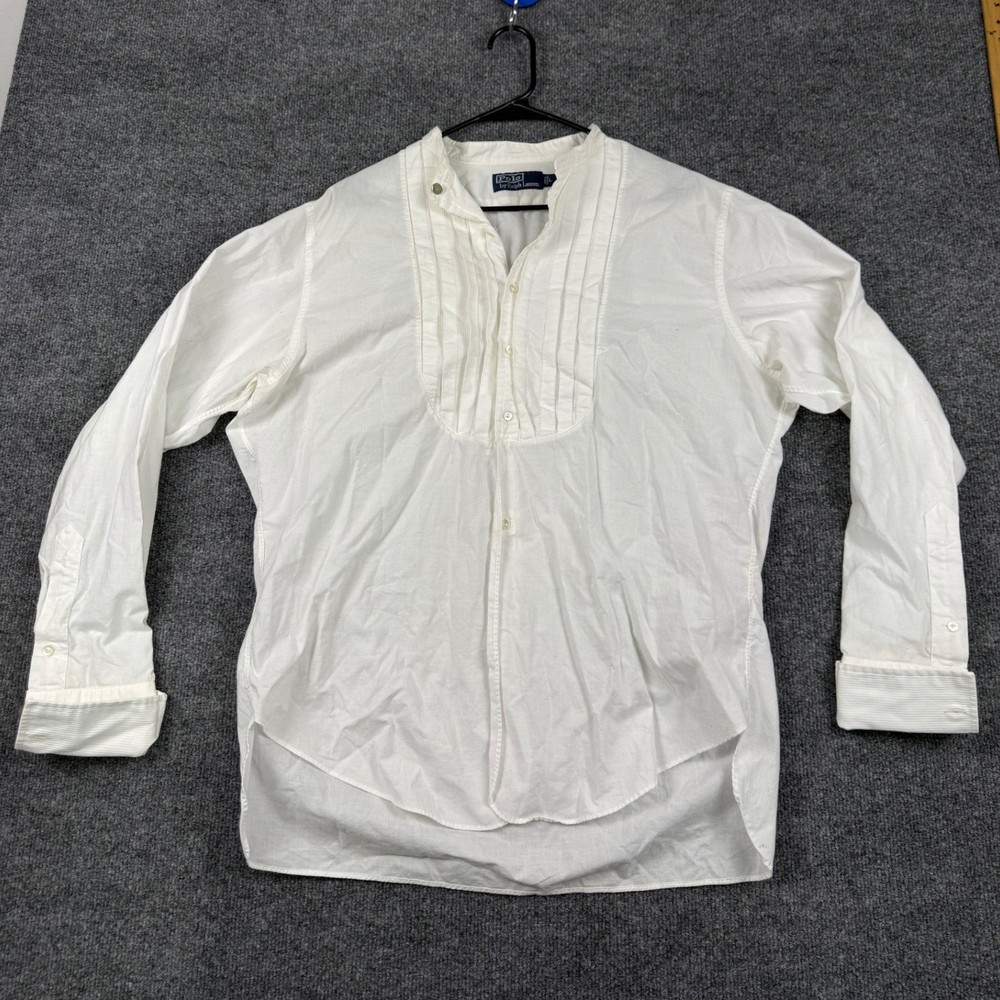 Polo Ralph Lauren White Cotton Pleated Bib Tuxedo Shirt Band Collar Mens L LTP