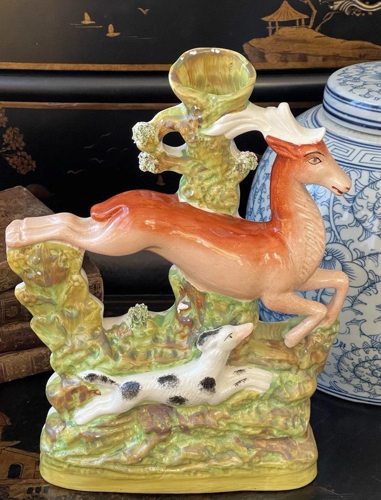 Stately Antique 19C English Staffordshire Stag Spaniel Mantle Spill Vase 11.5”