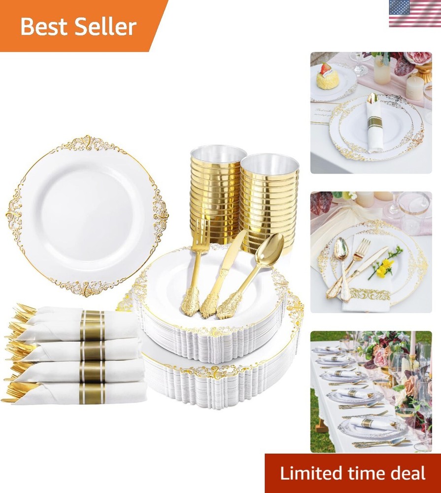 350PCS Gold Plastic Plates Set for 50 Guests – Elegant Disposable Dinnerware for Parties & Events