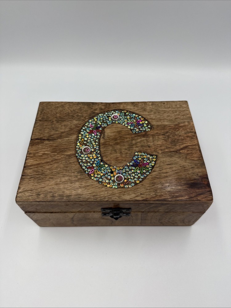 Personalized Wooden Jewelry Box with Rhinestones & Initial Inlay