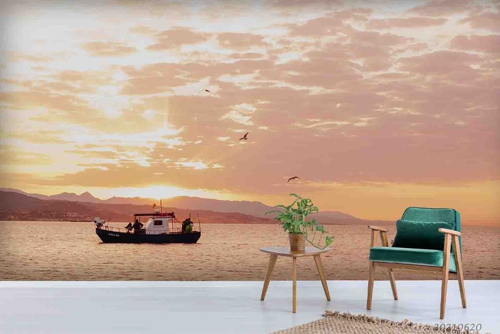 3D Ocean Boat Sky Sunset Landscape Wall Murals Wallpaper Murals Wall Sticker