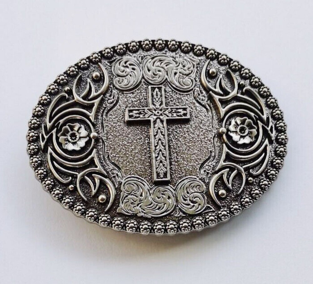 Western Belt Buckle for Men & Women Cowboy Rodeo Wear - Cross & Floral Pattern