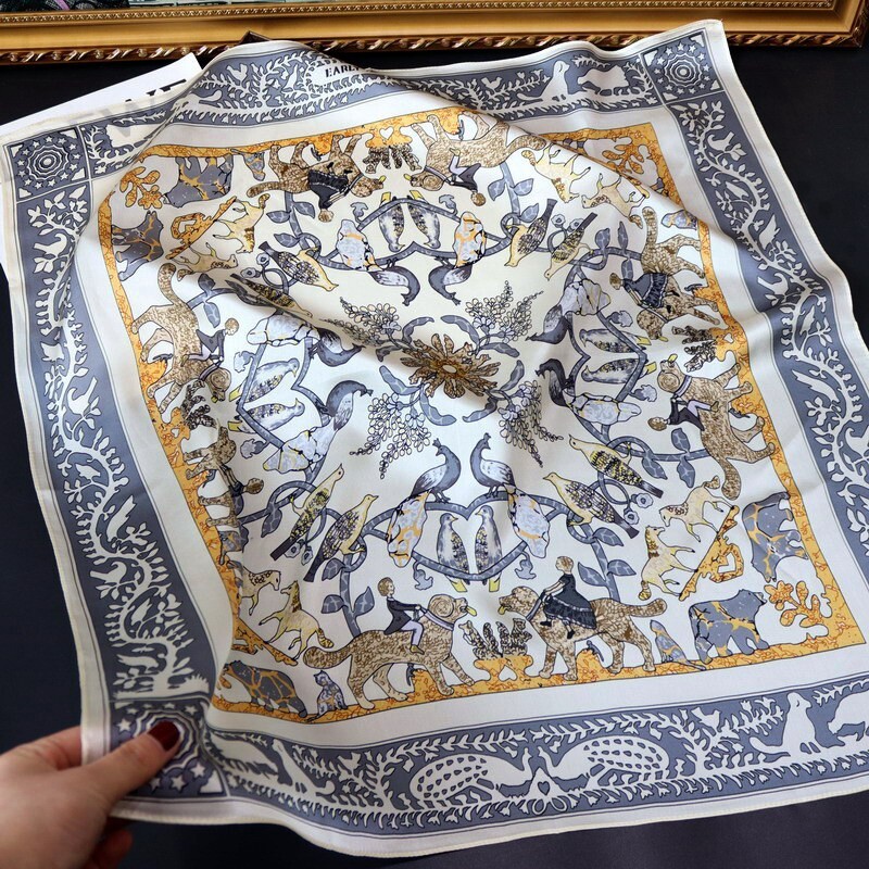 100% Silk Square Scarf Women Neckerchief Bandana Wrap Gray Animals Pattern 68cm