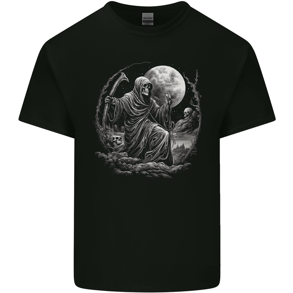 Grim Reaper With a Full Moon and Skulls Mens Cotton T-Shirt Tee Top