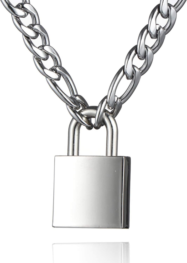 Padlock Necklace Stainless Steel Lock Chain for Men Women Silver 18-24 Inch
