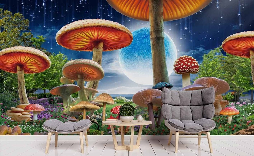 3D Magic Mushroom Moon Illustration Wall Murals Wallpaper Murals Wall Sticker