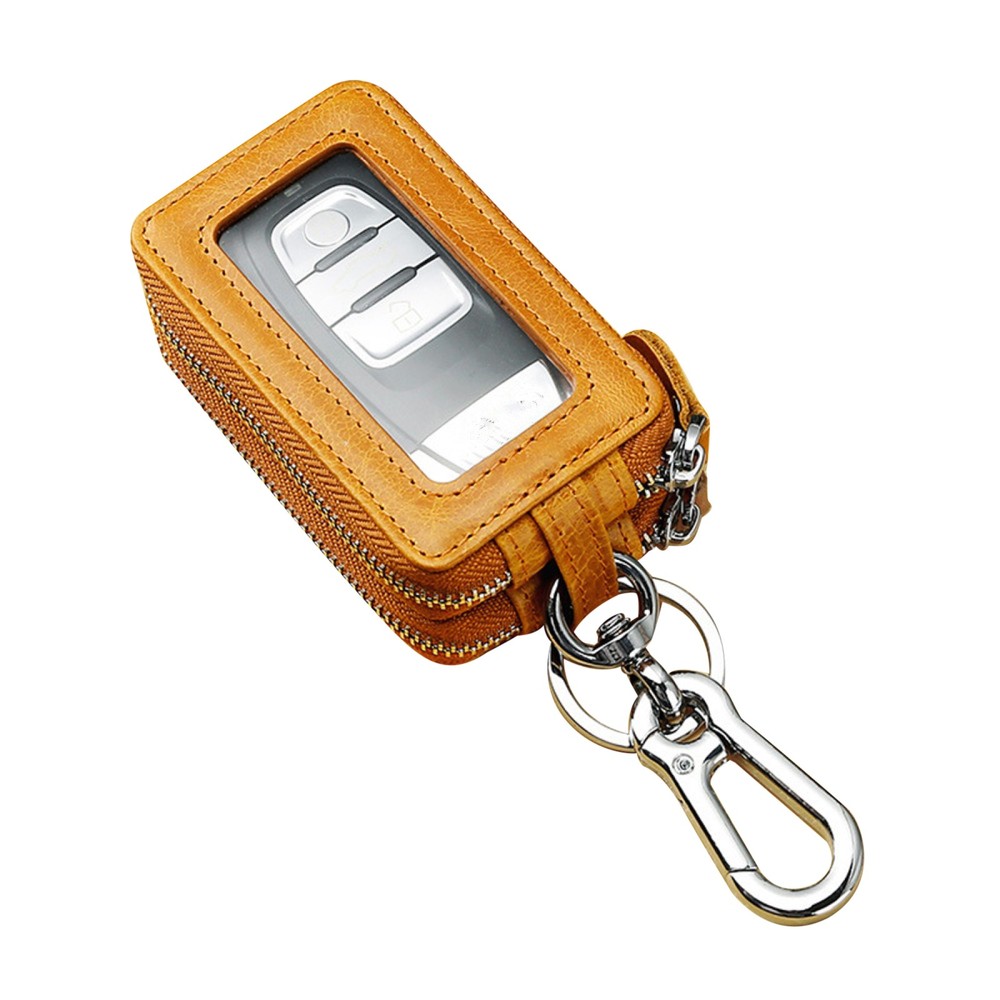Double Layer Genuine Leather Car Key Case with Zipper Pouch-image