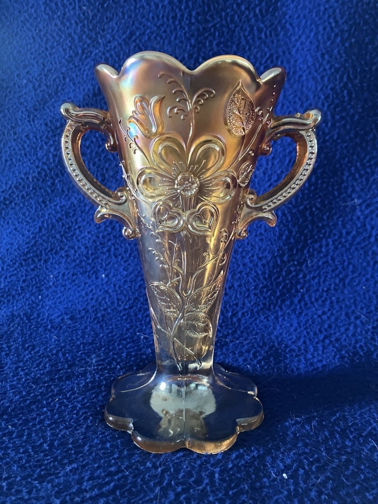 Antique Dugan-Diamond Marigold Dual-handled Carnial Glass Vase, 1915