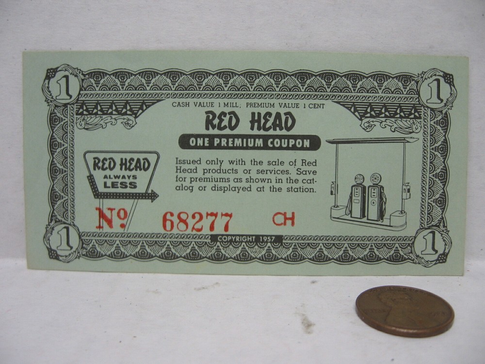 Vintage Premium Coupon Red Head Gas Station 1 Cent Coupon Wooster OH-image