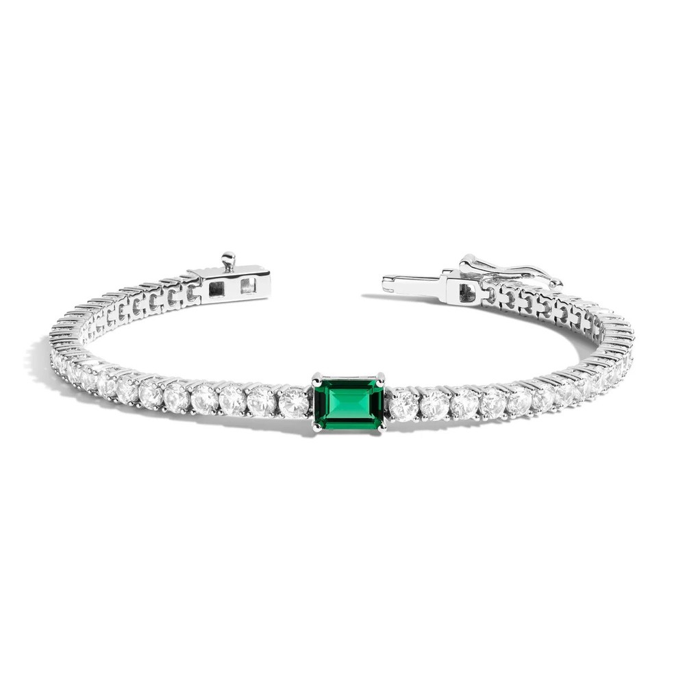 9ct Emerald Cut Simulated Emerald /Diamond Tennis Bracelet 14k White Gold Plated