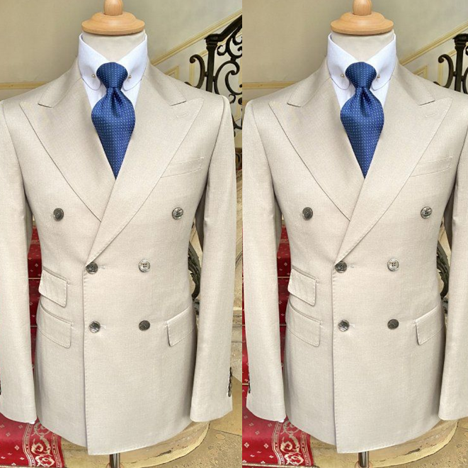 Beige Mens Double-Breasted Peak Lapel Suit for Wedding Business Formal Wear
