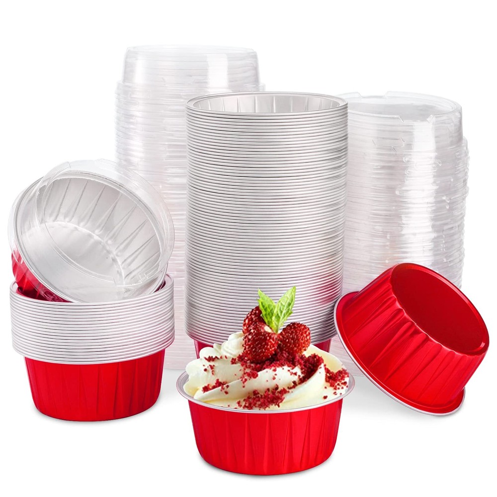 100 Pack Cupcake Baking Cups Red Tart Pie Tin Pan Holders Oven-Freezer Safe