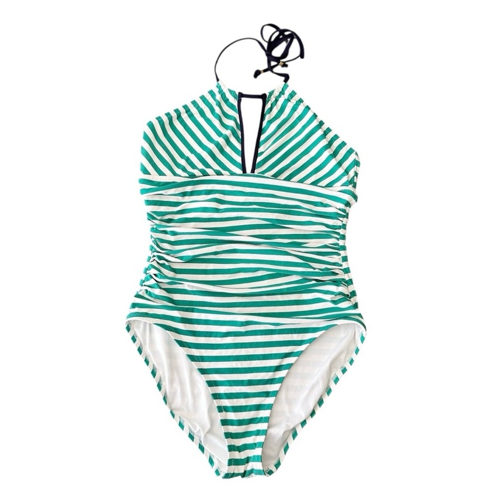 Loft Beach Green Striped High Neck Halter Slimming One Piece Swimsuit Size 12