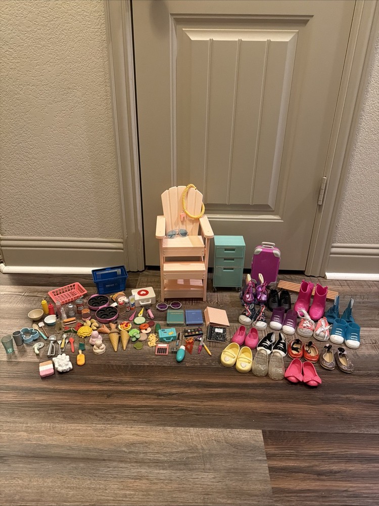 Lot of 100 Plus - 18” Doll Accessories- Food, Shoes, Luggage, And More