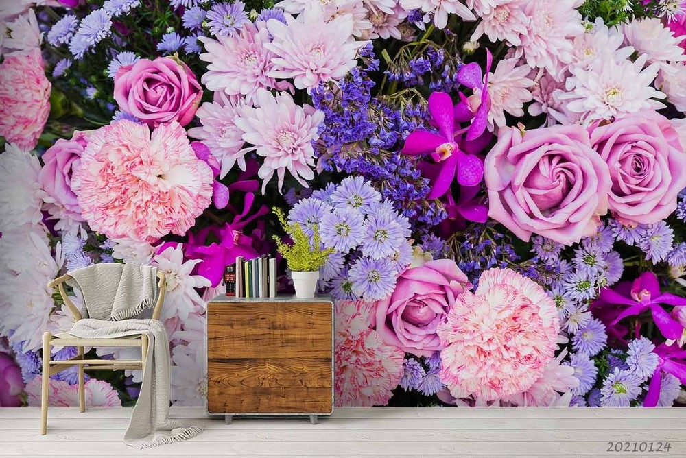 3D Pink Purple Flowers Plant Cluster Wall Murals Wallpaper Murals Wall Sticker