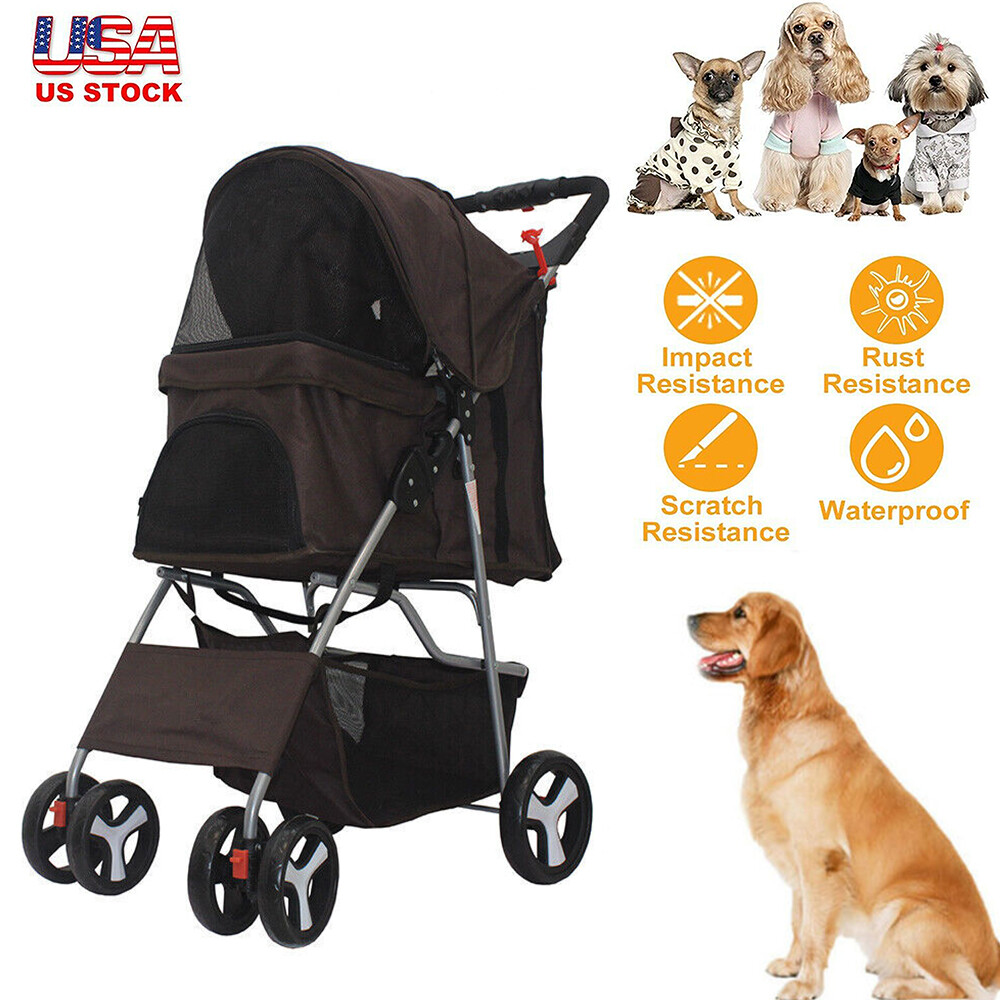 4 Wheel Pet Dog Stroller Foldable Puppy Travel Carriage w/Storage Basket Brown