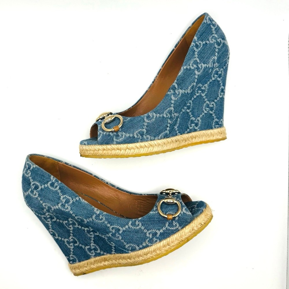 GUCCI Blue Denim Monogram Horsebit Espadrille Wedges Size 36