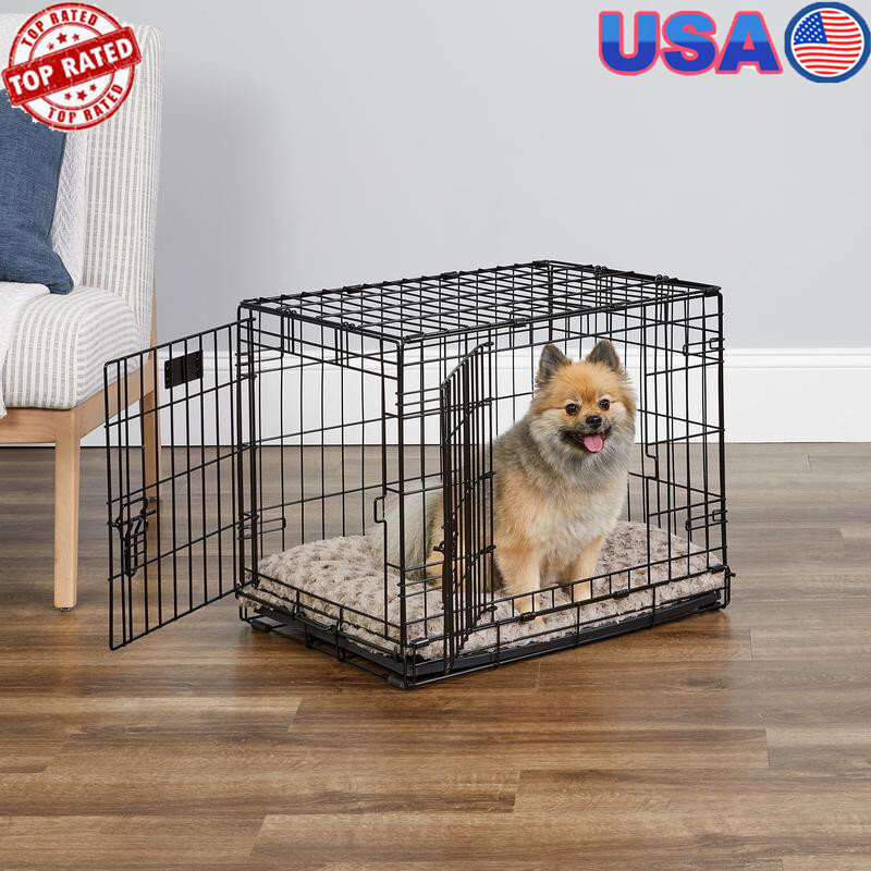 Double Door Metal Dog Crate with Leak-Proof Pan Divider Easy Assembly Portable Pet Cage-image