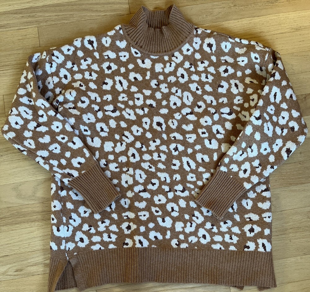 Ann Taylor LOFT Womens Sweater L Tan Metallic Cheetah Leopard Pullover Oversize