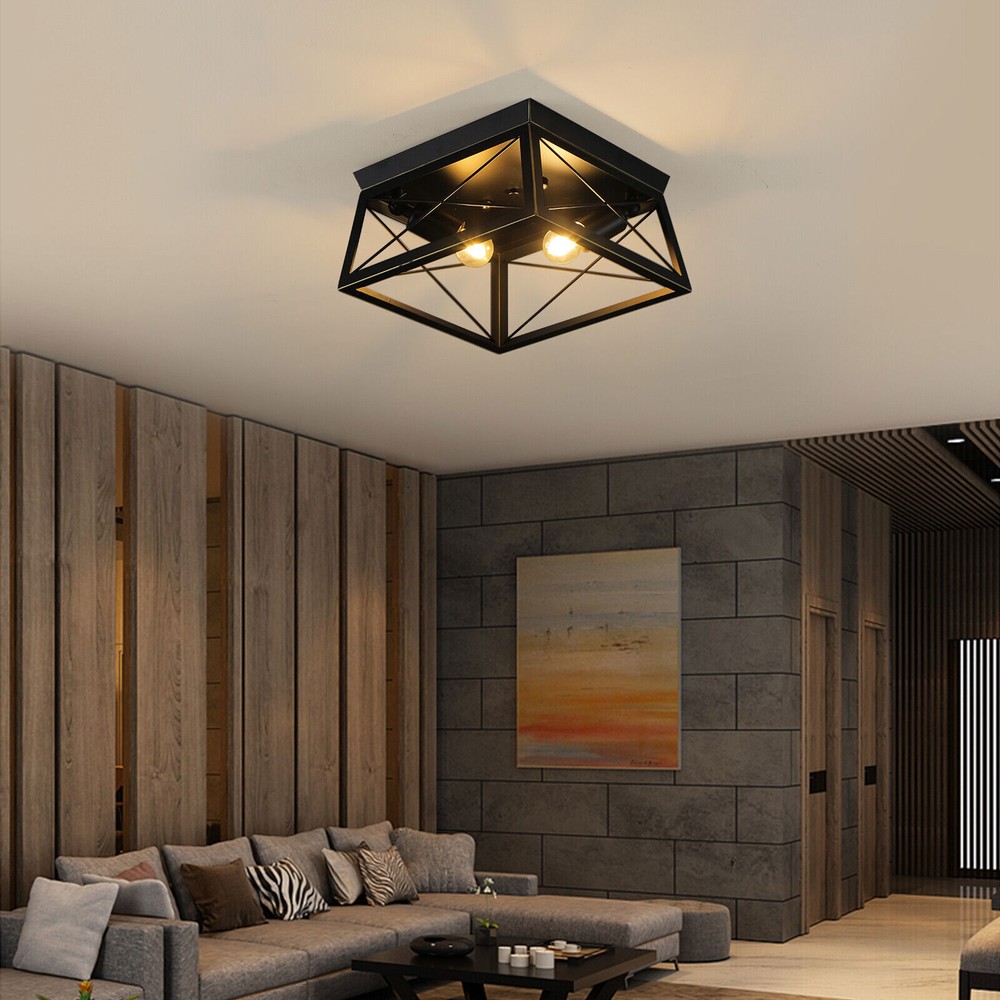 Industrial Farmhouse Ceiling Lamp Fixture,Rustic Black Flush Mount Ceiling Light