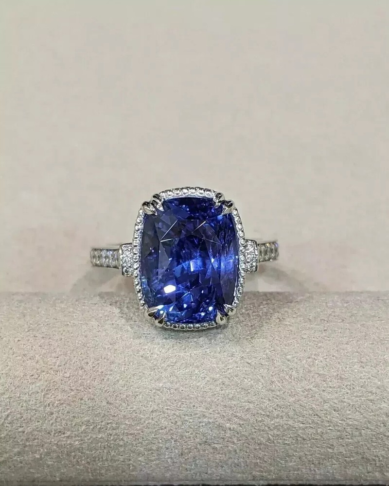 6.30 Ct Cushion Cut Natural Sapphire & Diamond Wedding Ring 14K White Gold Solid