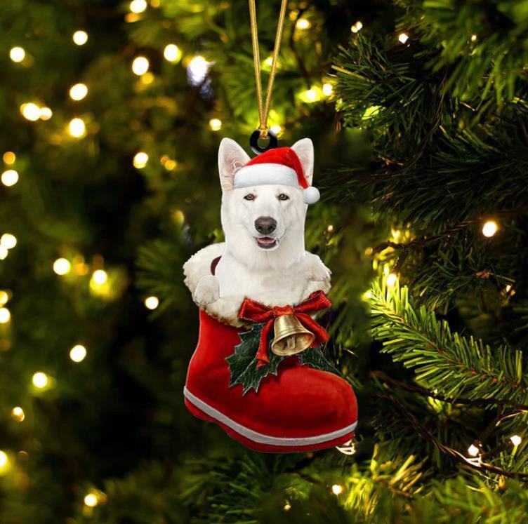 German Shepherd White In Santa Boot Christmas Ornament