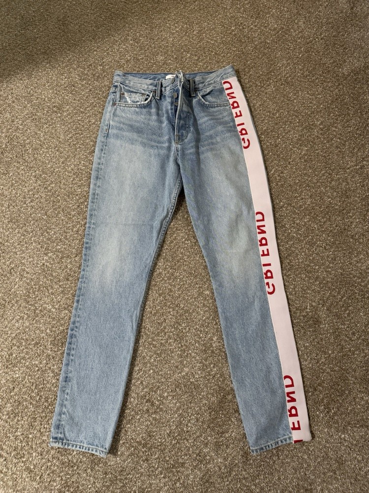 GRLFRND Slim Straight Mid Rise Jeans with Side Logo in Red Size 27