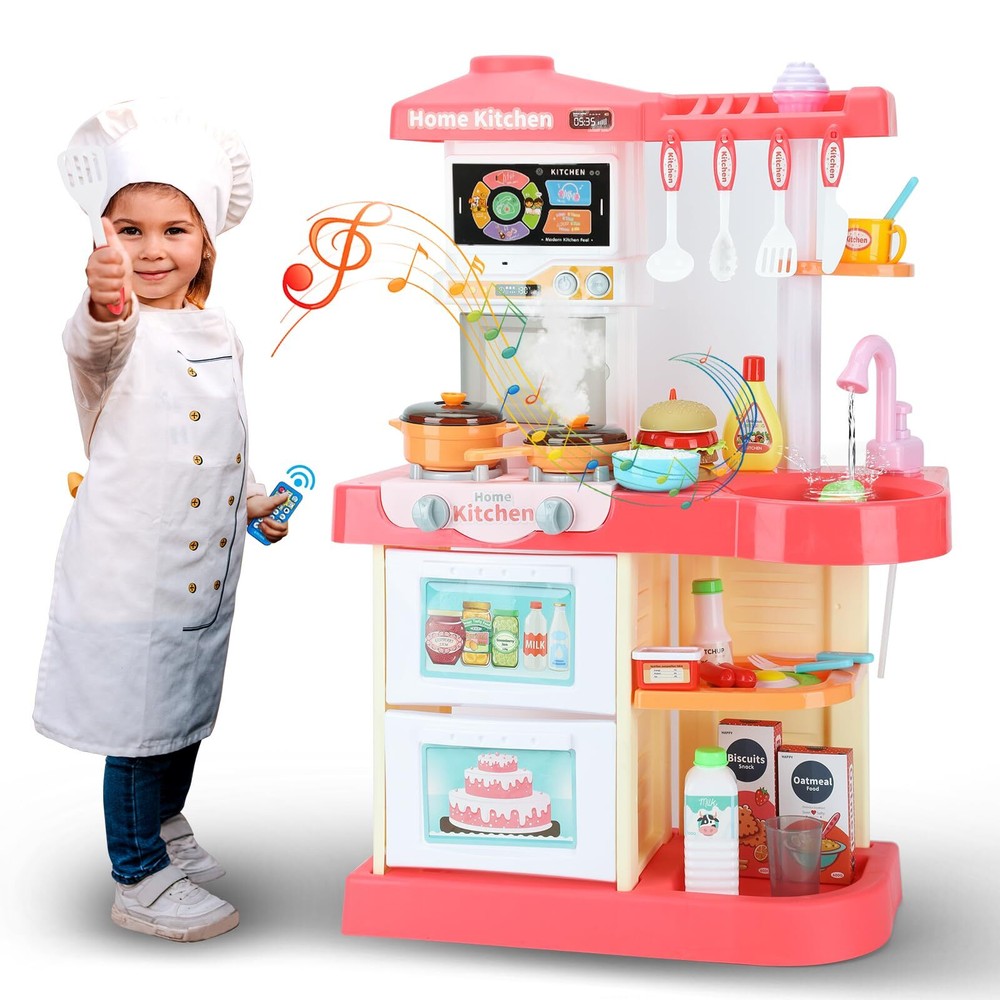 Kids Kitchen Playset, Toy Kitchen Set with Light, Music, Sink and Play Food K...