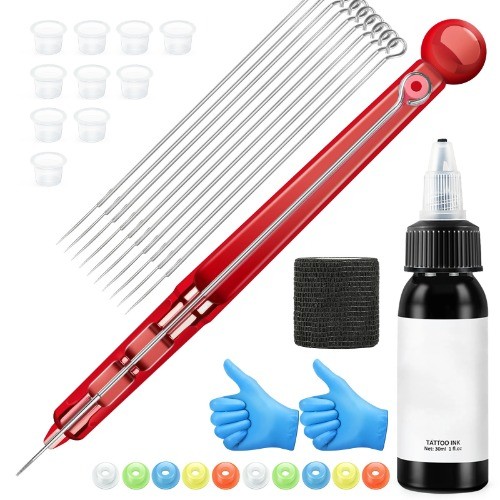 Hand Poke Tattoo Pen Needle Holder Stick Tool Ink Cup Glove Kit Set  