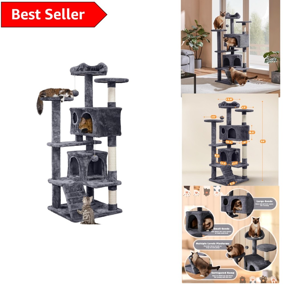54in Multi-Level Cat Tree Tower with Condos, Scratching Posts and Perches for Play & Rest