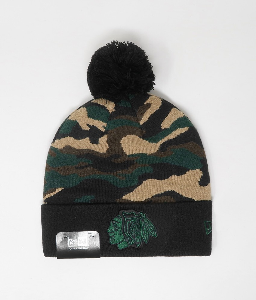 New Era Men Women Beanie NHL Chicago Blackhawks Black Wood Camouflage Knit Hat