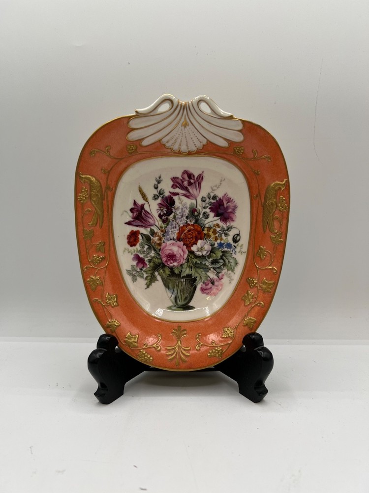 Vtg. Hand painted Candy dish Multicolor Flowers bird peach & gold